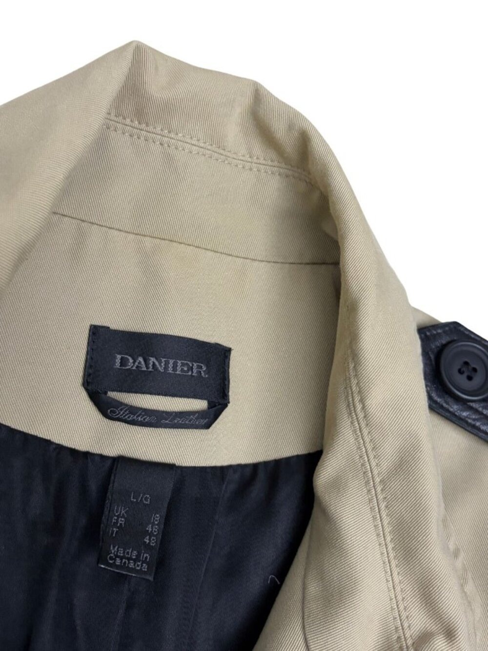 DANIER Italian Leather Trim Trench Coat Business Casual Log Jacket Coat Womens L - Picture 3 of 8